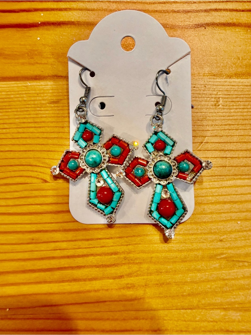 Turquoise & Red Cross Drop Earrings - Women Jewelry